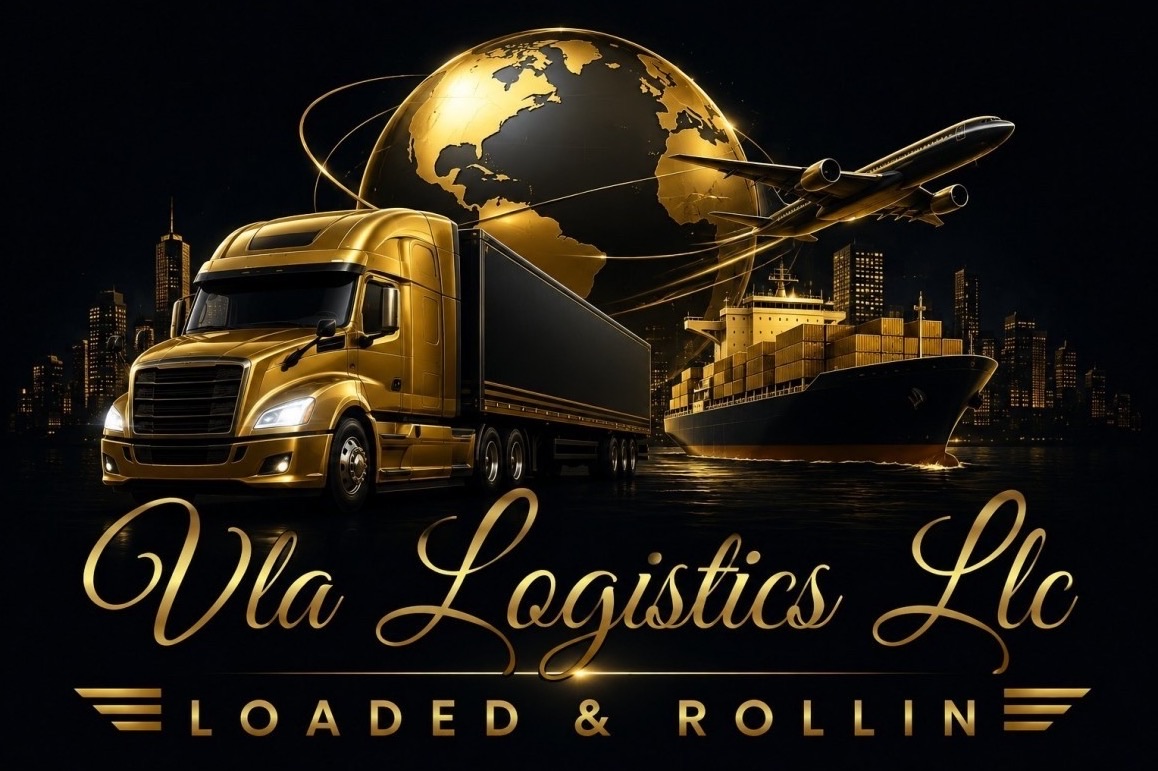 VLA Logistics LLC, Loaded & Rollin&rsquo; logo: a gold semi truck, cargo ship, and airplane in front of a gold globe and city skyline